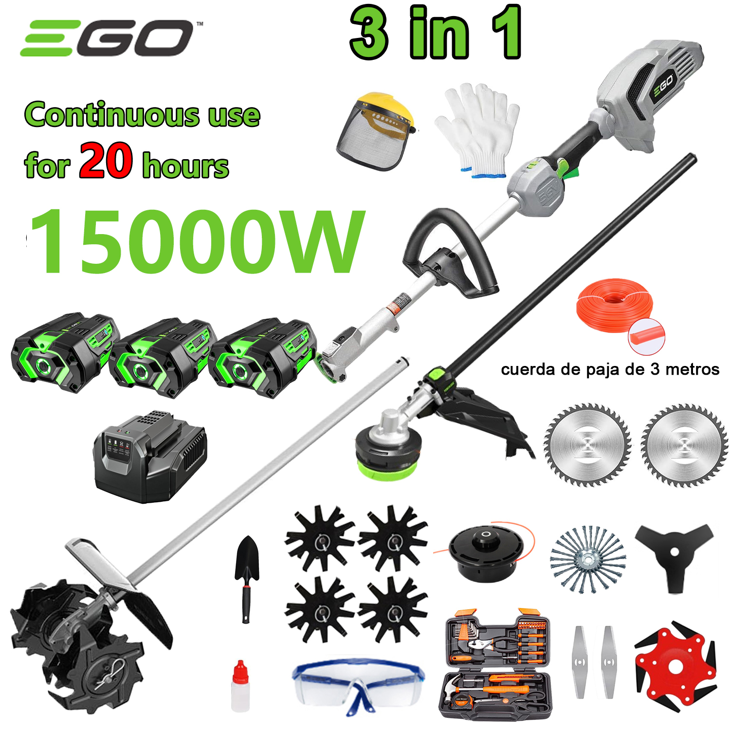 Cultivador 3 em 1 potência 15000W (cortar, cortar árvores, arar, etc.) 3 baterias de 96V + carregamento rápido + faca de direção + cabeça de corte + corda de corte de 3m + lâmina de serra de liga + 3 facas + 6 facas + faca reta + cabeça de escova para capina + conjunto completo de acessórios